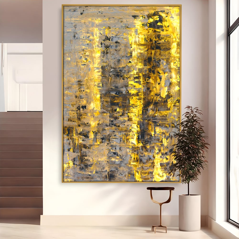 Tablou canvas cu pictura abstracta cu dungi aurii, in rama de aluminiu auriu